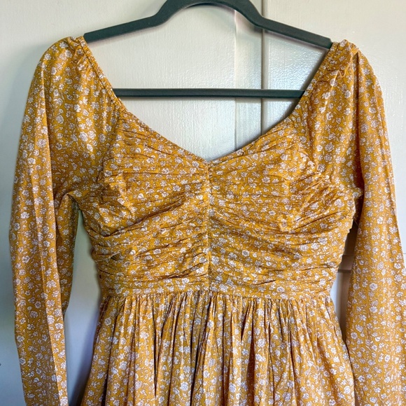 American Eagle Yellow Floral Ruched Long Sleeve Mini‎ Dress Size Small Milkmaid - Picture 3 of 16